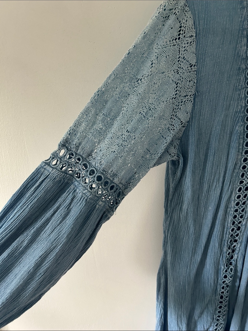 Boho Y2K Light Blue Lace-Trim Women's Peasant Top Eyelet Detail Cottagecore - Picture 3 of 12